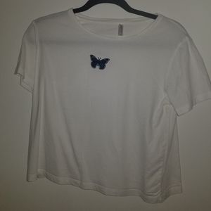 White tee with buterfly detail
